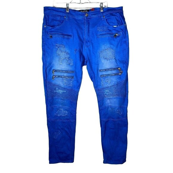 Makobi Jeans Mens 40x32 Sanded Distressed Moto Zippers Biker Blue Denim